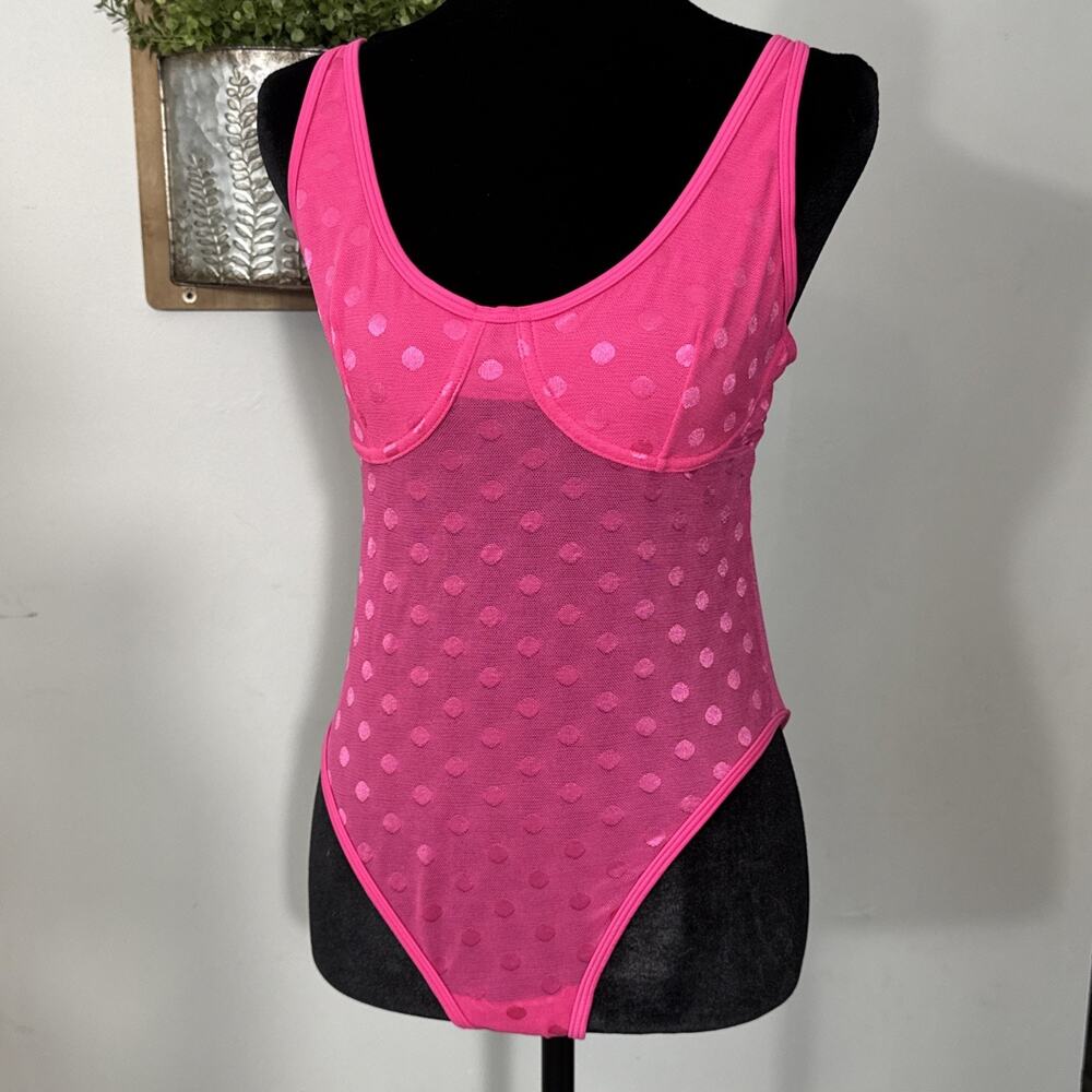 Pink Victoria Secret Neon Pink Mesh Polka Dot Bodysuit Sheer Rave Coquette Y2K